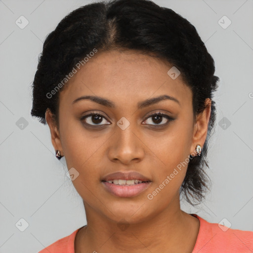 Joyful latino young-adult female with short  black hair and brown eyes