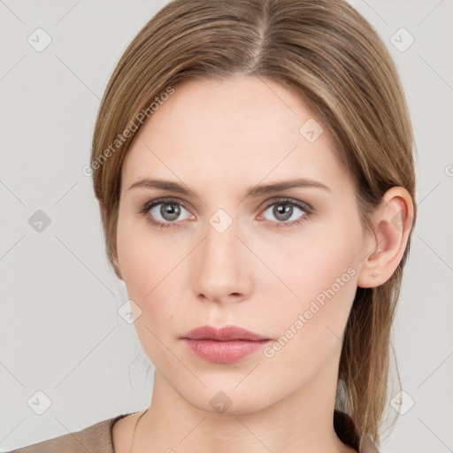 Neutral white young-adult female with medium  brown hair and grey eyes