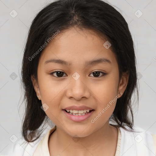 Joyful white child female with medium  brown hair and brown eyes