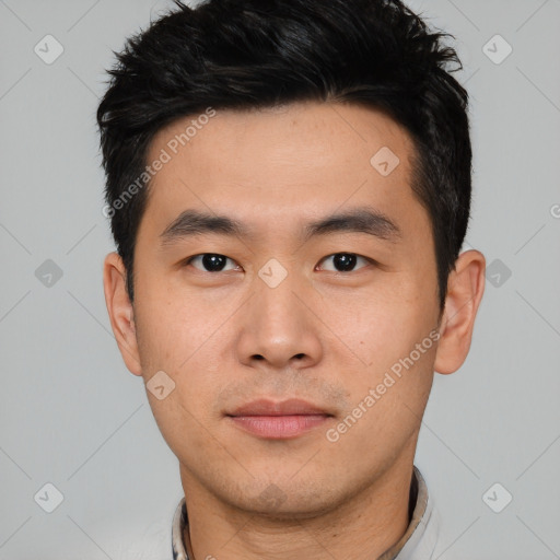 Neutral asian young-adult male with short  black hair and brown eyes