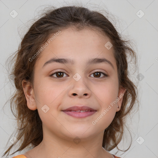 Joyful white child female with medium  brown hair and brown eyes