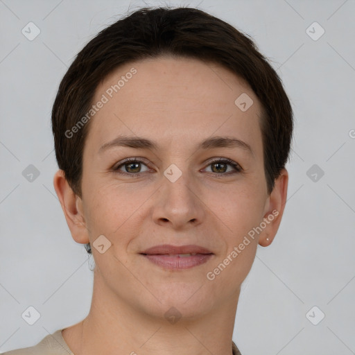 Joyful white young-adult female with short  brown hair and brown eyes