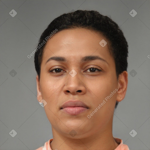 Neutral black young-adult female with short  brown hair and brown eyes