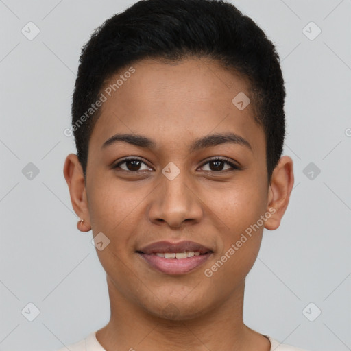 Joyful latino young-adult female with short  brown hair and brown eyes