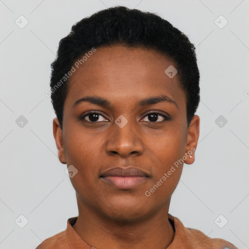 Neutral black young-adult female with short  black hair and brown eyes