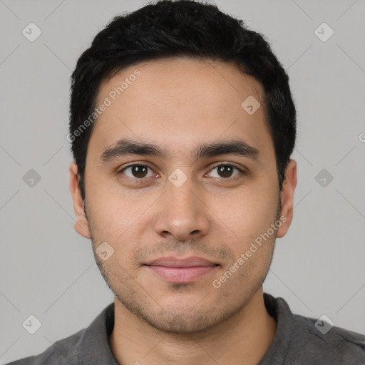 Neutral latino young-adult male with short  black hair and brown eyes