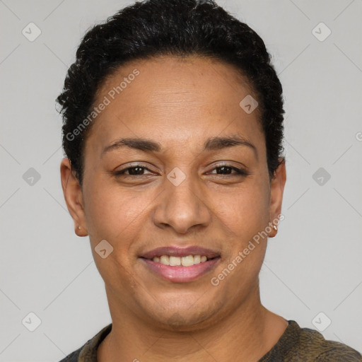 Joyful white adult female with short  brown hair and brown eyes