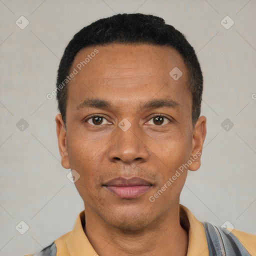 Neutral latino young-adult male with short  black hair and brown eyes