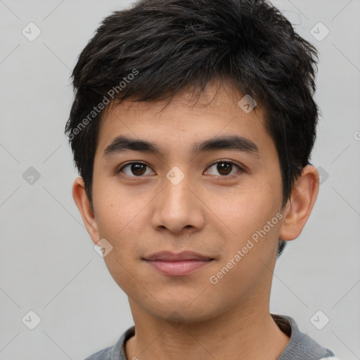 Neutral asian young-adult male with short  black hair and brown eyes