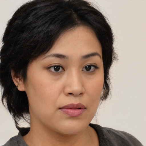 Neutral asian young-adult female with medium  brown hair and brown eyes