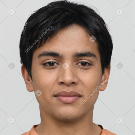 Joyful latino young-adult male with short  black hair and brown eyes