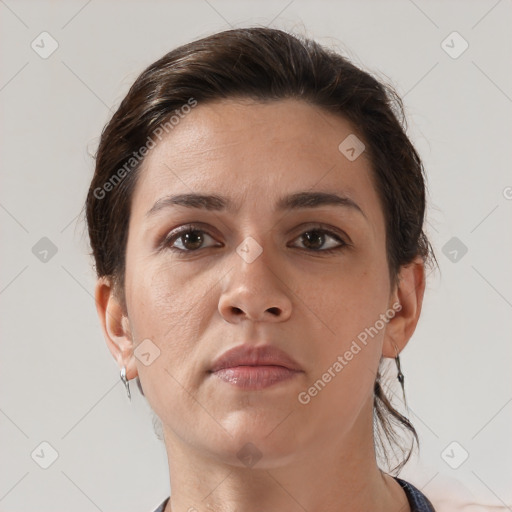 Neutral white young-adult female with short  brown hair and brown eyes