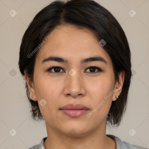 Joyful asian young-adult female with medium  brown hair and brown eyes