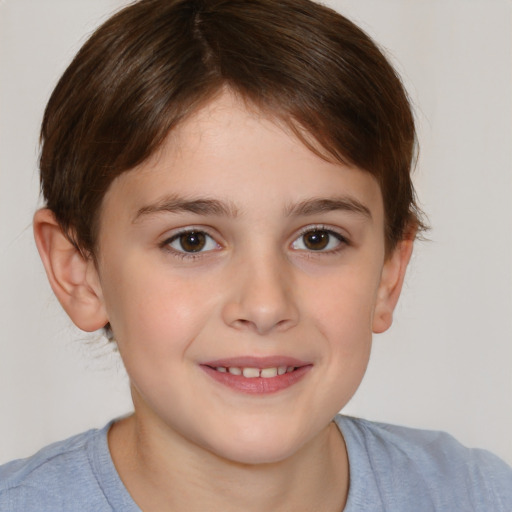 Joyful white child female with short  brown hair and brown eyes