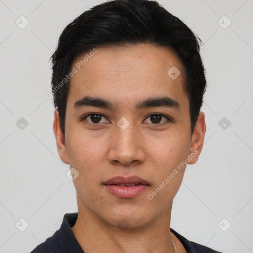 Neutral asian young-adult male with short  black hair and brown eyes