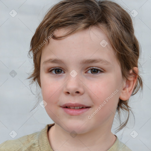 Joyful white child female with medium  brown hair and brown eyes