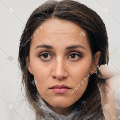 Neutral white young-adult female with medium  brown hair and brown eyes