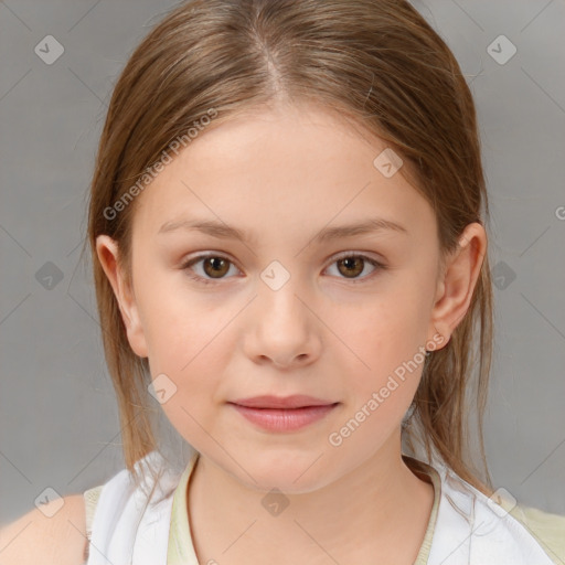 Joyful white child female with medium  brown hair and brown eyes