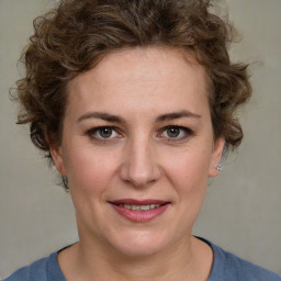 Joyful white young-adult female with medium  brown hair and blue eyes