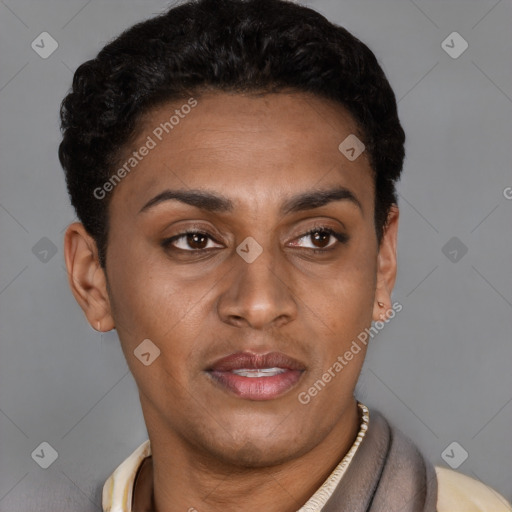 Joyful latino young-adult female with short  brown hair and brown eyes