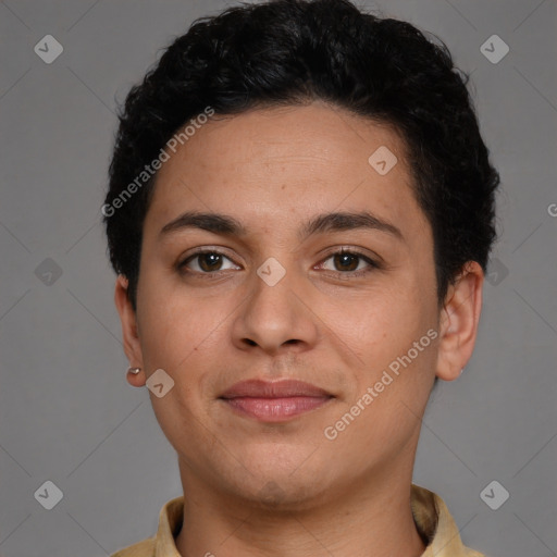 Joyful latino young-adult female with short  brown hair and brown eyes