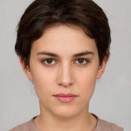 Neutral white young-adult female with short  brown hair and brown eyes