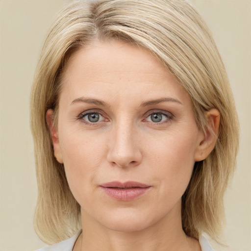 Joyful white young-adult female with medium  brown hair and blue eyes