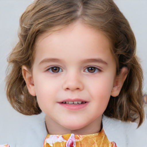 Joyful white child female with medium  brown hair and brown eyes