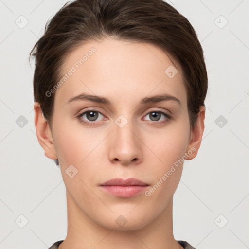 Neutral white young-adult female with short  brown hair and brown eyes