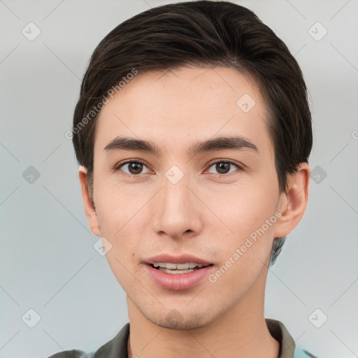 Joyful white young-adult male with short  brown hair and brown eyes