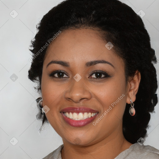 Joyful latino young-adult female with medium  black hair and brown eyes