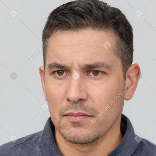 Neutral white adult male with short  brown hair and brown eyes