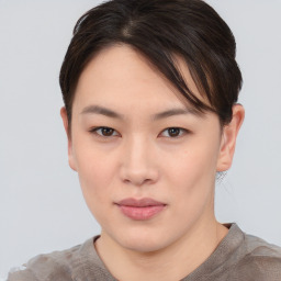 Neutral asian young-adult female with short  brown hair and brown eyes