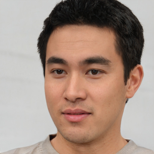 Neutral white young-adult male with short  black hair and brown eyes