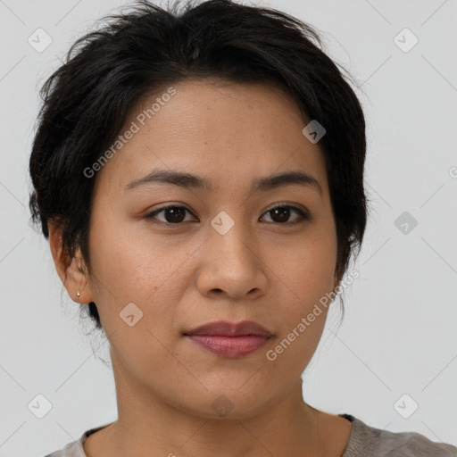 Joyful asian young-adult female with short  brown hair and brown eyes