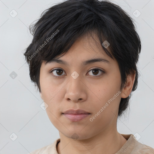 Neutral asian young-adult female with medium  brown hair and brown eyes