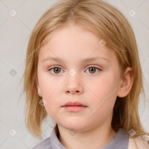 Neutral white child female with medium  brown hair and blue eyes