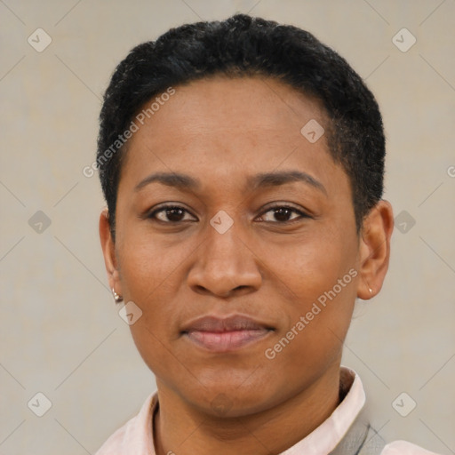 Joyful latino adult female with short  black hair and brown eyes