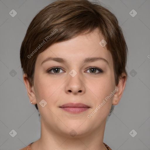 Joyful white young-adult female with short  brown hair and grey eyes