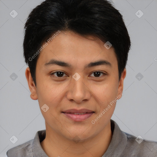 Joyful asian young-adult female with short  brown hair and brown eyes