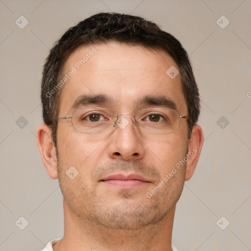 Neutral white adult male with short  brown hair and brown eyes