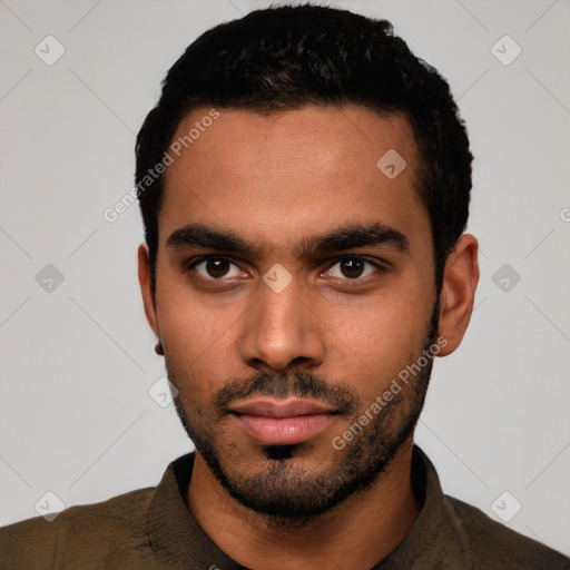 Neutral latino young-adult male with short  black hair and brown eyes