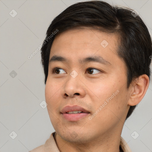 Neutral asian young-adult male with short  brown hair and brown eyes