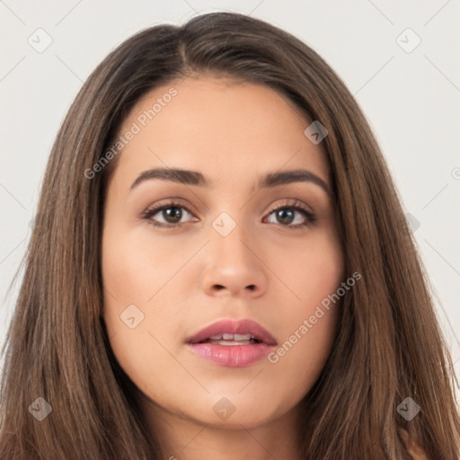 Neutral white young-adult female with long  brown hair and brown eyes