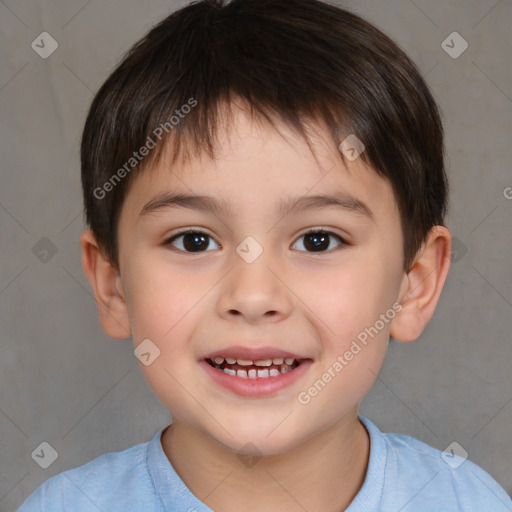 Joyful white child male with short  brown hair and brown eyes