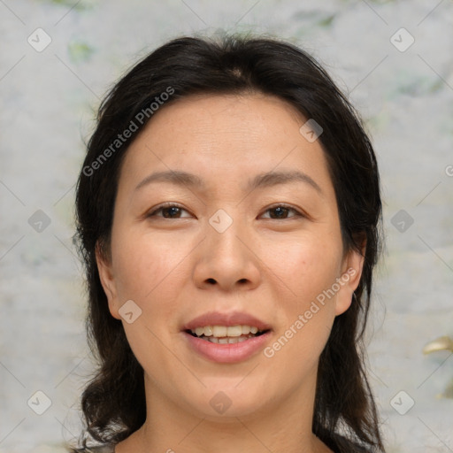 Joyful asian young-adult female with medium  brown hair and brown eyes