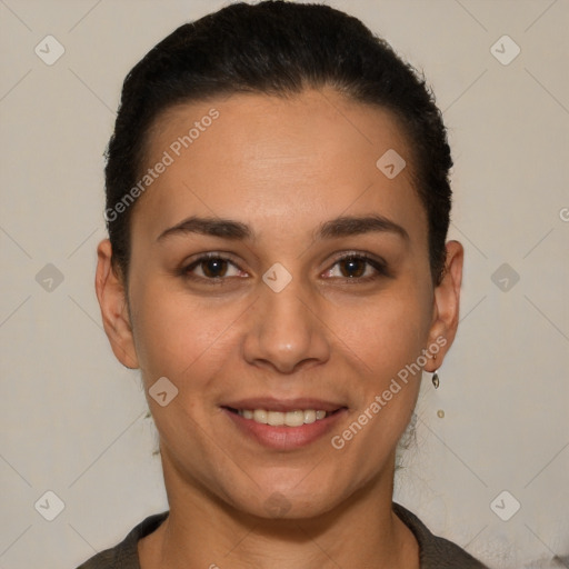 Joyful white young-adult female with short  brown hair and brown eyes