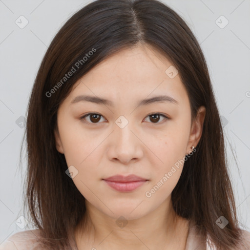 Neutral white young-adult female with medium  brown hair and brown eyes