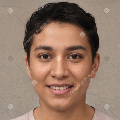 Joyful white young-adult female with short  brown hair and brown eyes