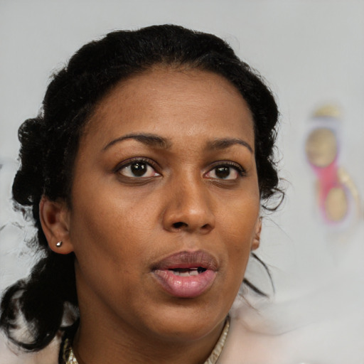 Joyful black young-adult female with medium  brown hair and brown eyes